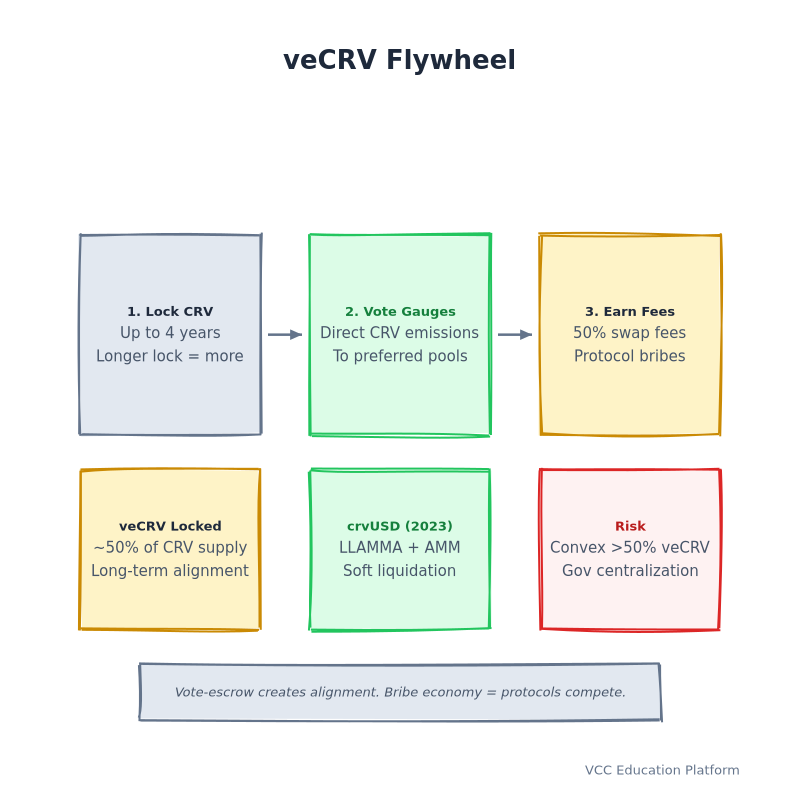 Flowchart - veCRV flywheel: lock CRV → get veCRV → vote gauges → earn fees + bribes → relock
