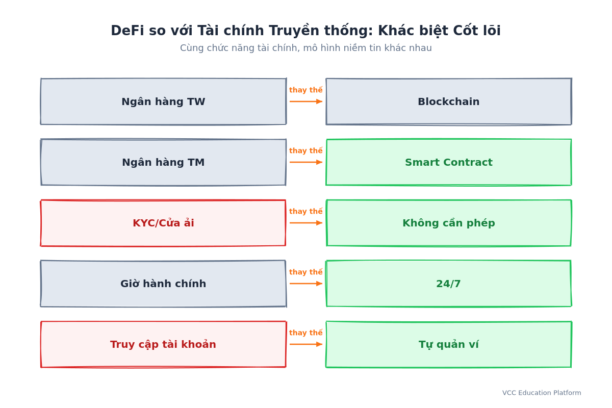 Diagram - DeFi vs TradFi comparison: TradFi has central bank, commercial banks, KYC, business hours, custodial; DeFi has blockchain, smart contracts, permissionless, 24/7, non-custodial