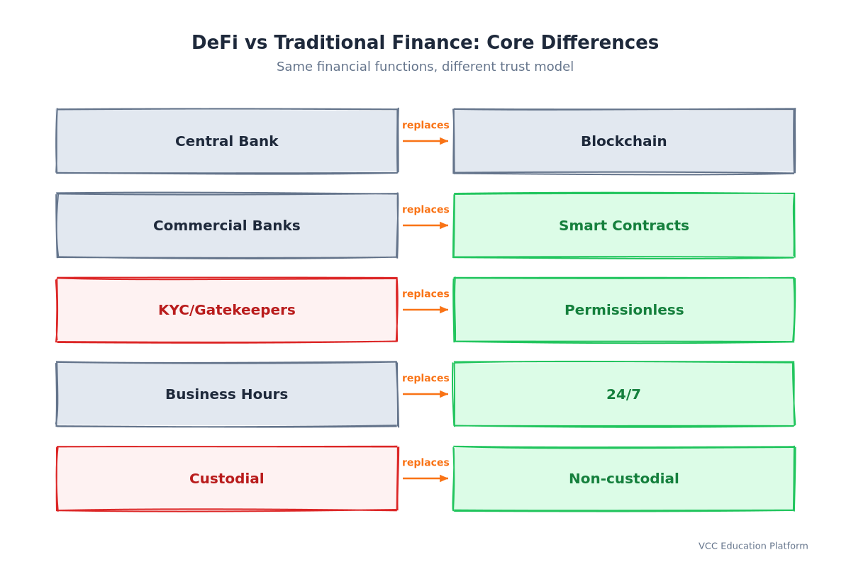 Diagram - DeFi vs TradFi comparison: TradFi has central bank, commercial banks, KYC, business hours, custodial; DeFi has blockchain, smart contracts, permissionless, 24/7, non-custodial