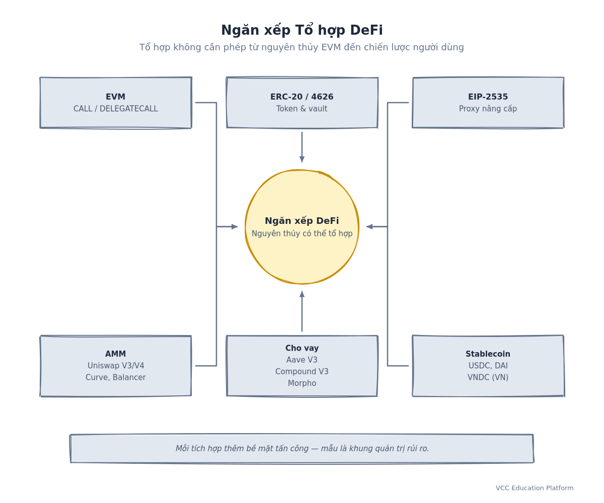 Diagram - DeFi composability stack: base layer (EVM) → primitives (ERC20, AMM, lending) → composable
