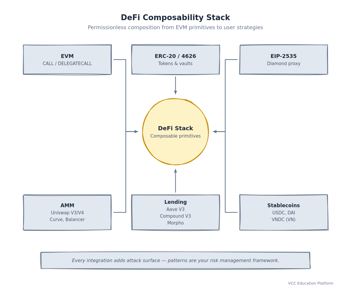 Diagram - DeFi composability stack: base layer (EVM) → primitives (ERC20, AMM, lending) → composable