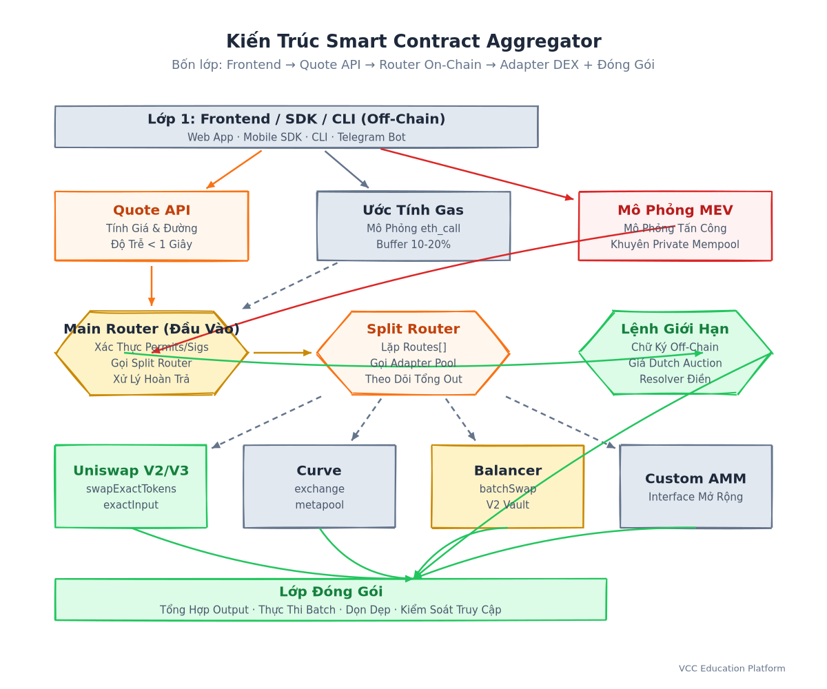 Architecture - Aggregator smart contract layers: router, settlement, path finder
