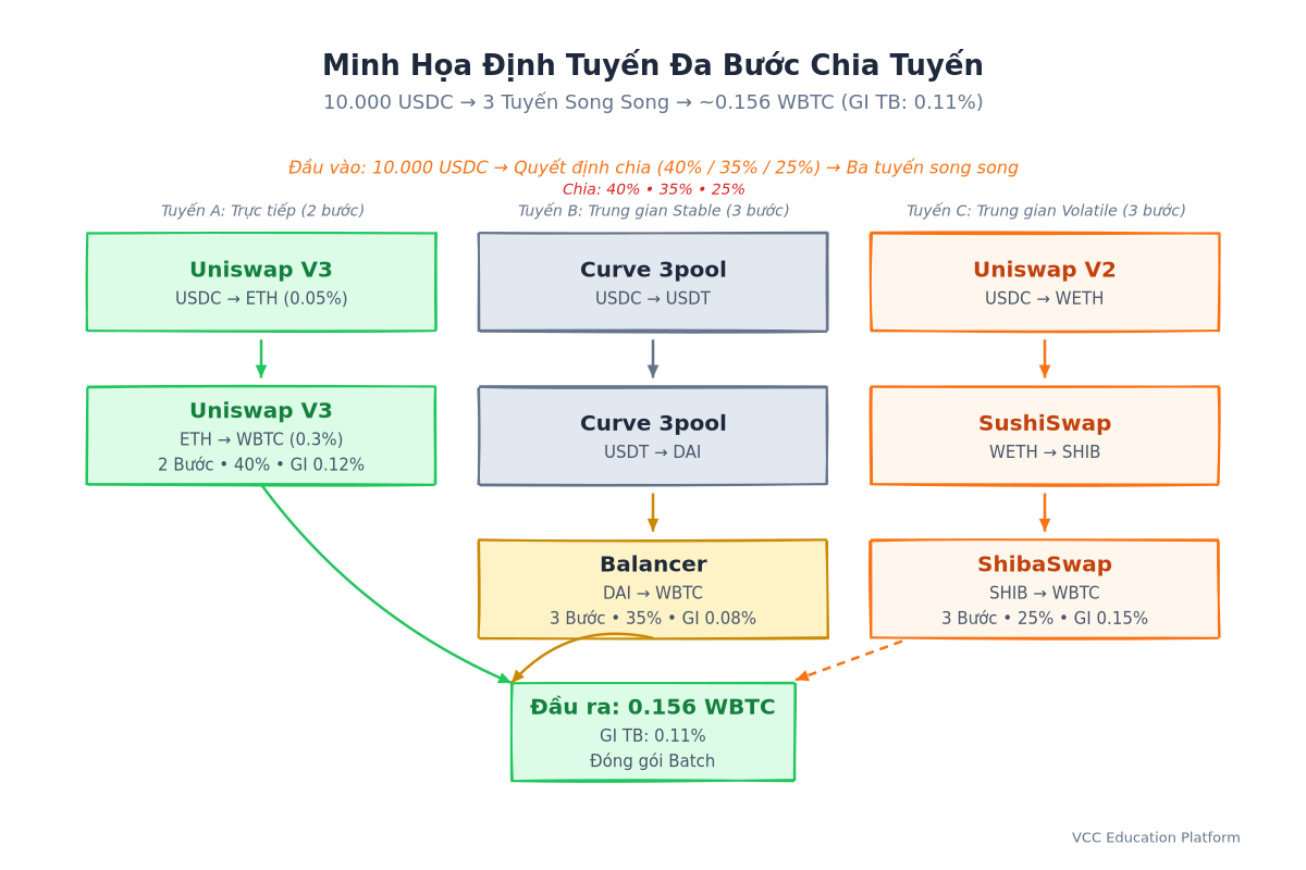 Process - Multi-hop split routing: input token → intermediate → output