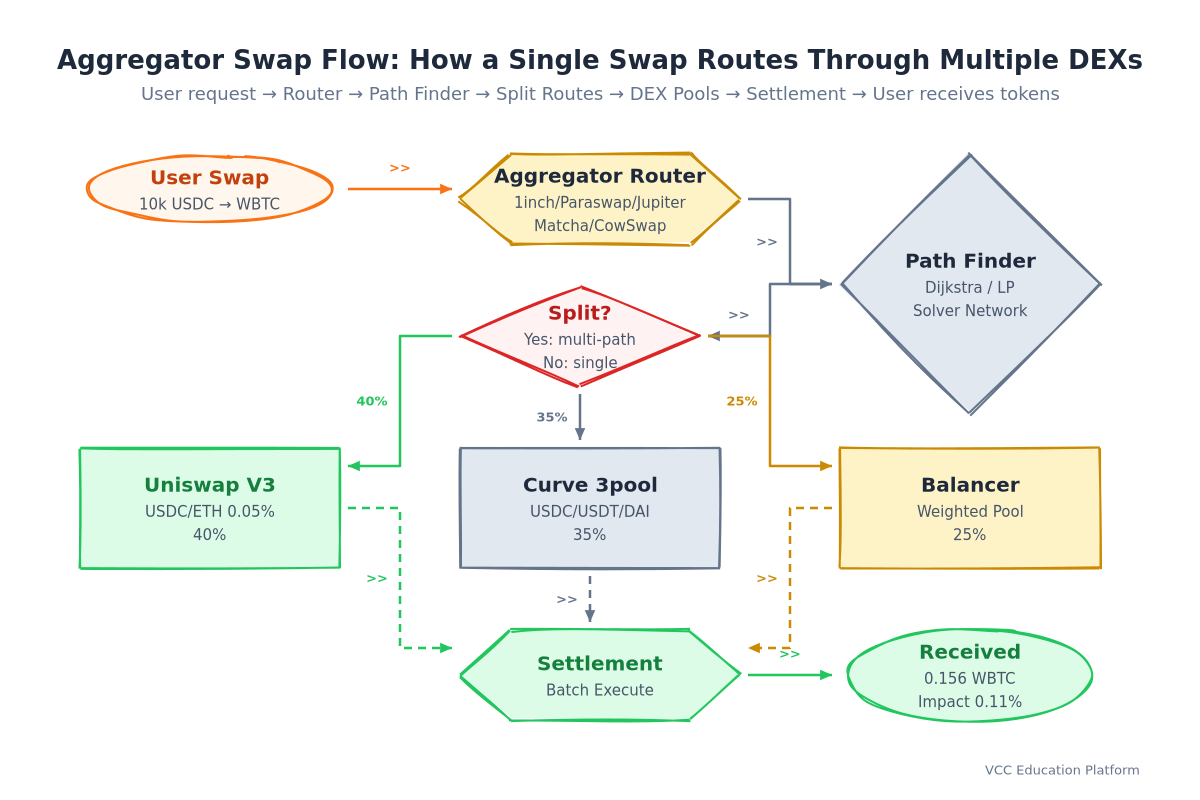 Flow - How a swap routes through multiple DEXs via an aggregator