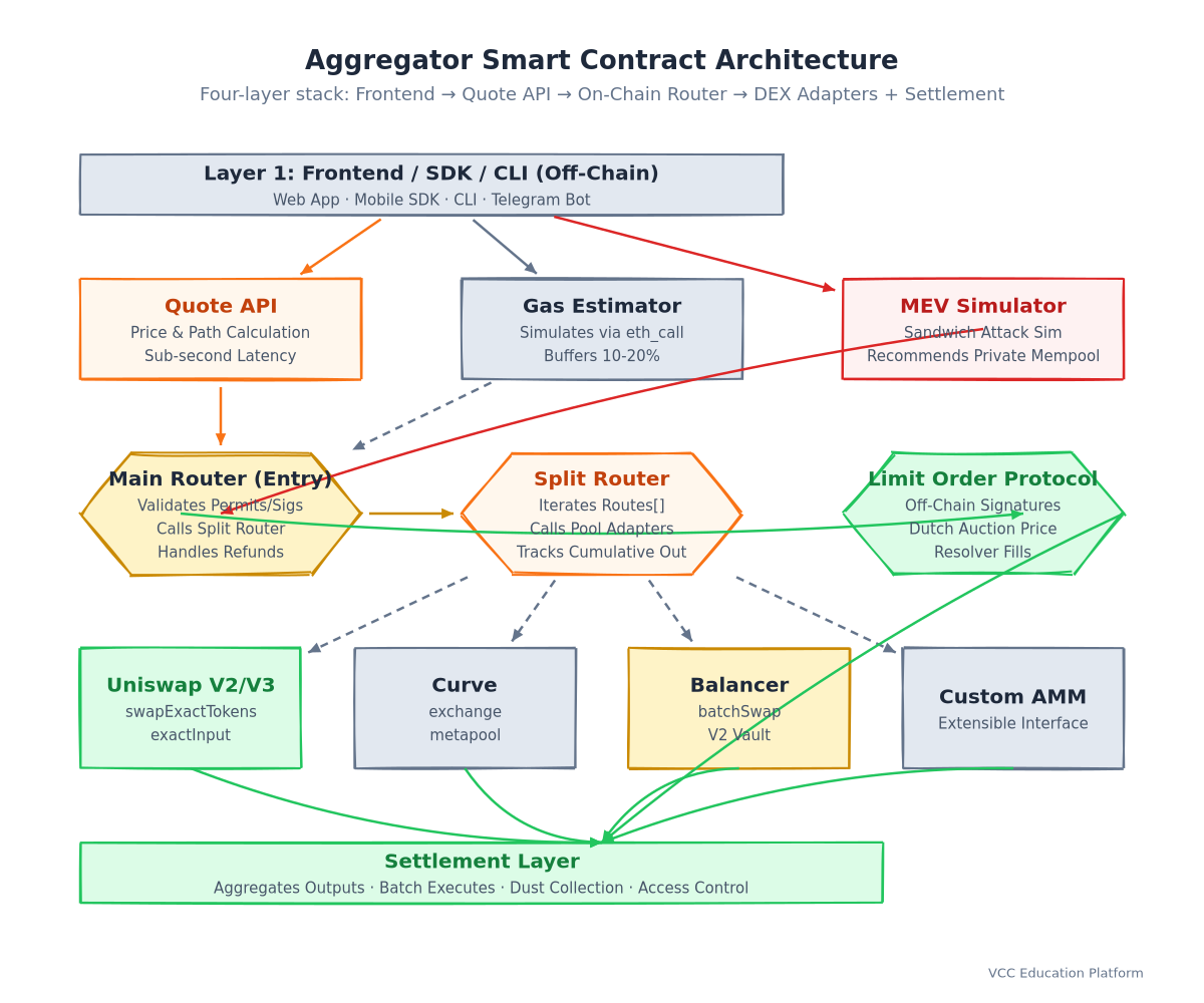 Architecture - Aggregator smart contract layers: router, settlement, path finder
