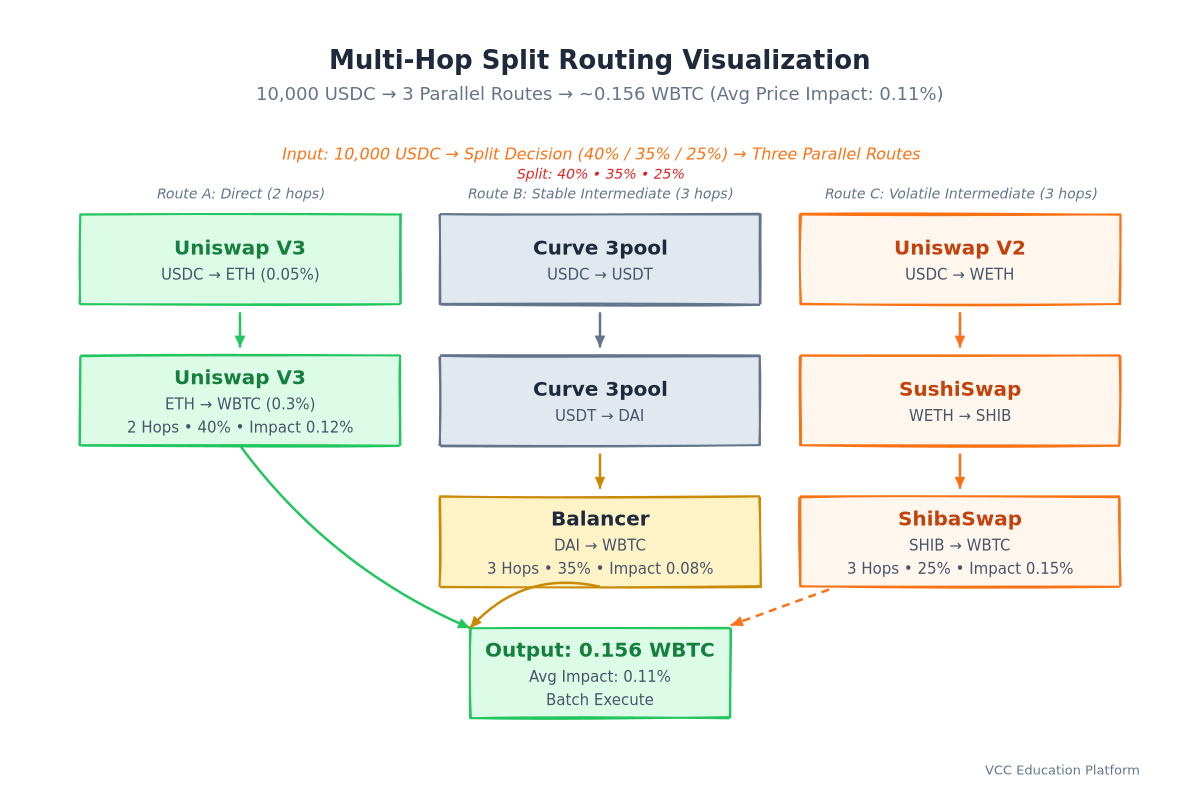 Process - Multi-hop split routing: input token → intermediate → output