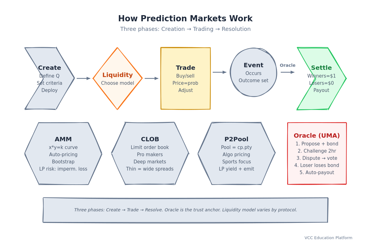 Flowchart - How prediction markets work (creation → trading → resolution)