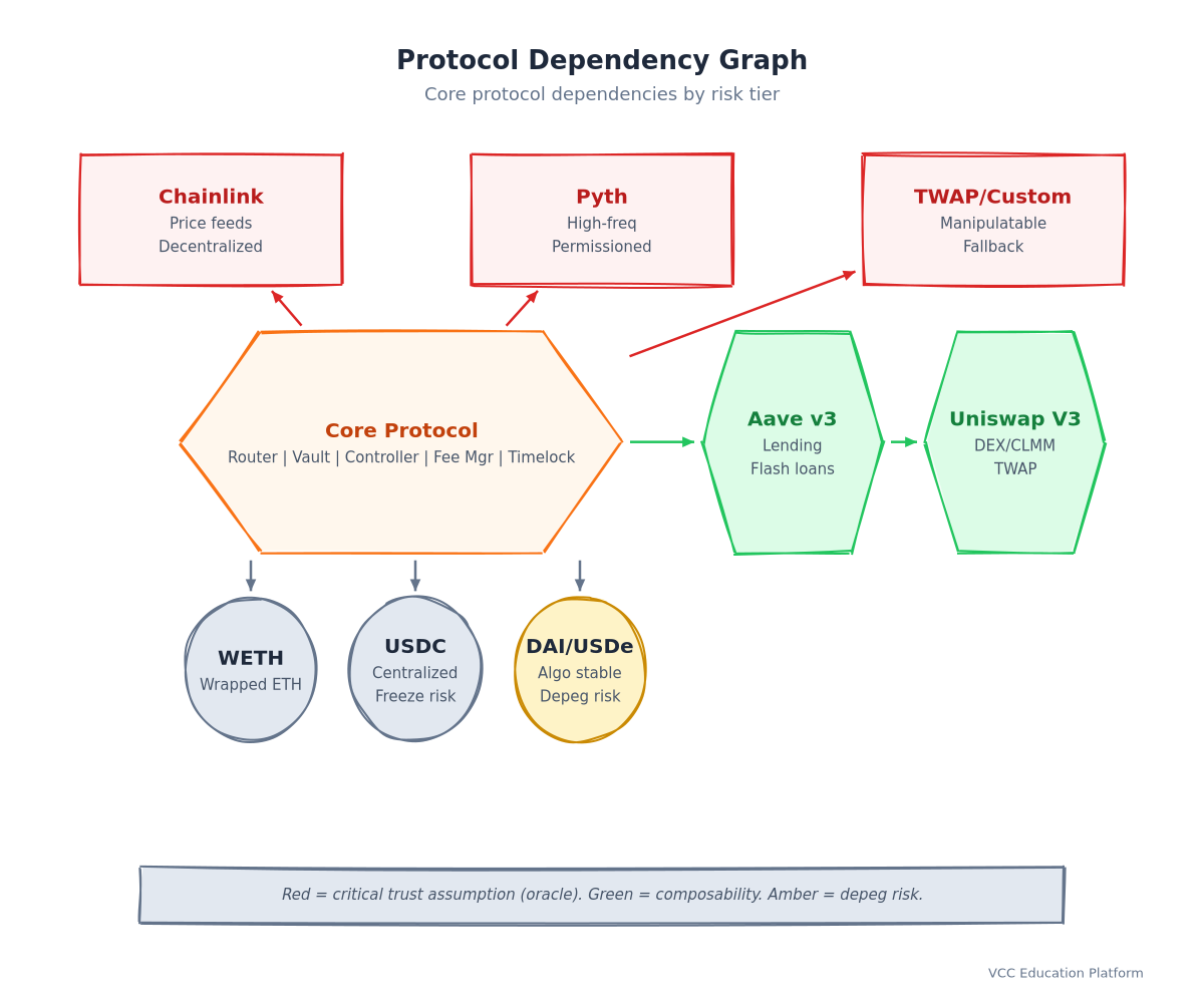 Diagram - Protocol dependency graph showing contract topology with risk-tiered external calls