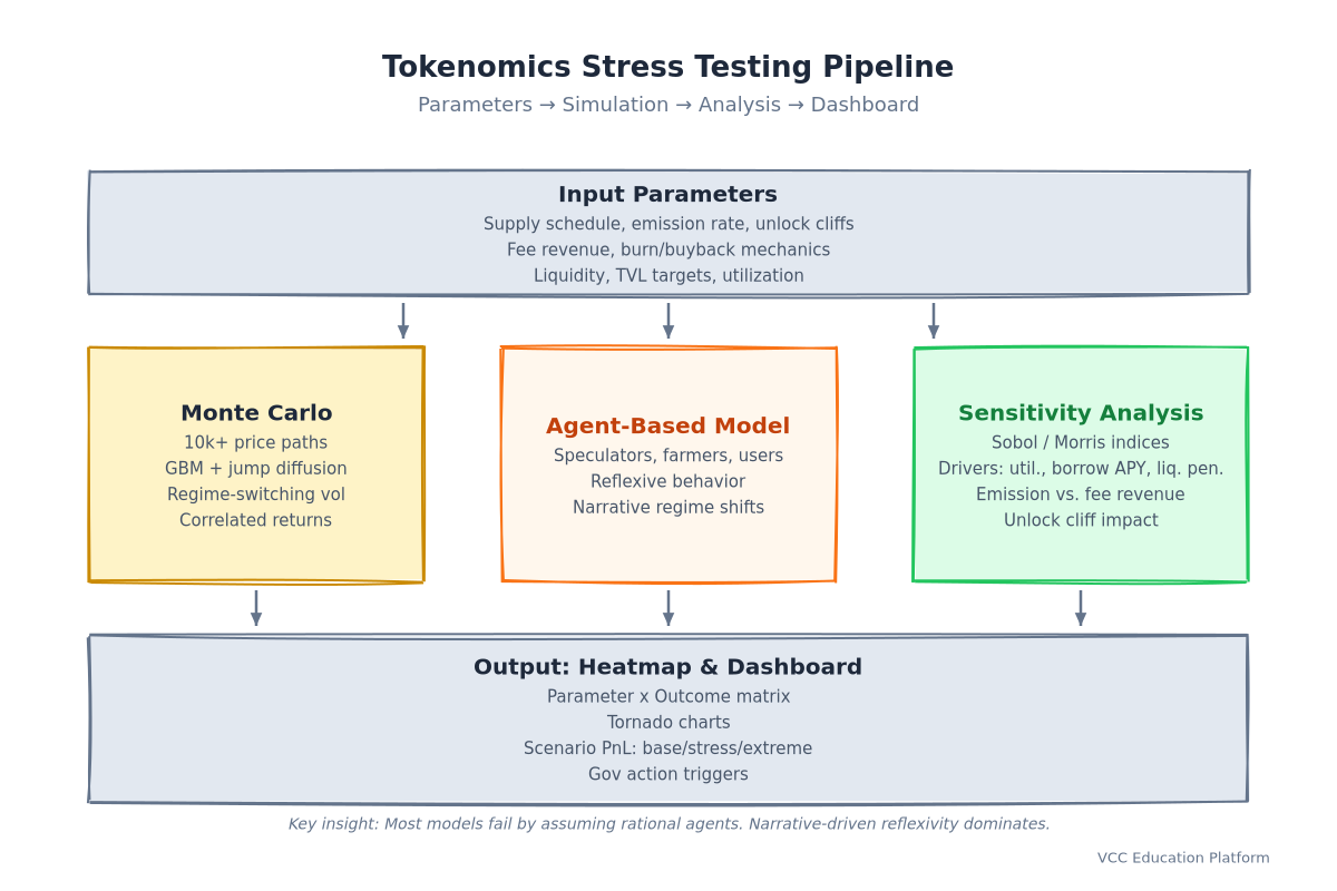 Flowchart - Tokenomics stress testing pipeline: parameters → Monte Carlo → agent simulation → sensitivity heatmap