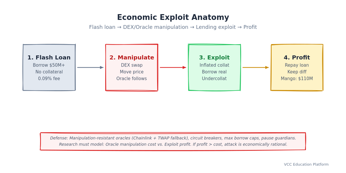 Sequence - Economic exploit anatomy: flash loan → oracle manipulation → arbitrage → repay loan