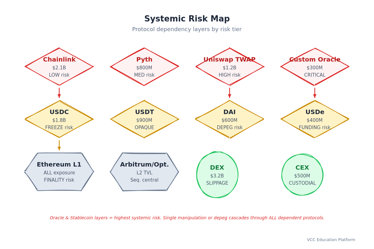 Radial - Systemic risk map: protocol at center, dependency rings (oracle, stablecoin, base layer, liquidity), edge thickness = exposure