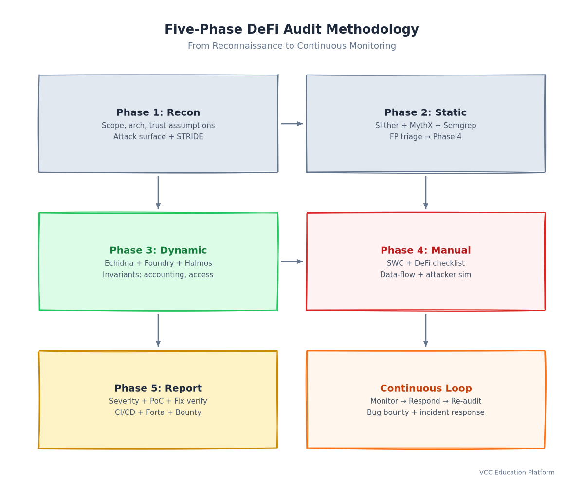 Flowchart - Five-phase DeFi audit methodology from reconnaissance to continuous monitoring