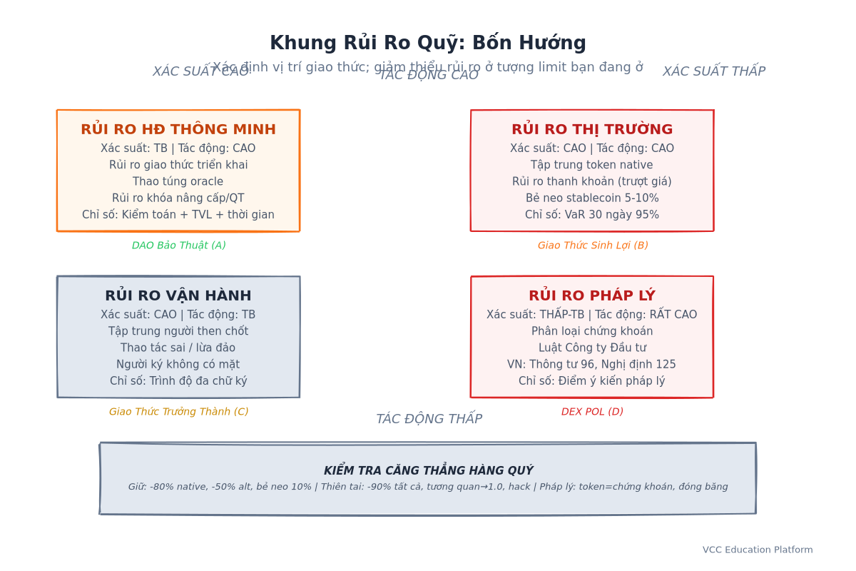 Risk/Reward - Khung Risk tứ giác: market risk vs smart contract risk vs operational risk vs regulatory risk