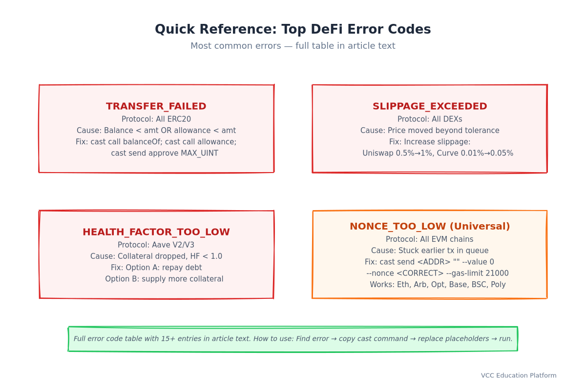 Reference - Quick lookup table for common DeFi error codes