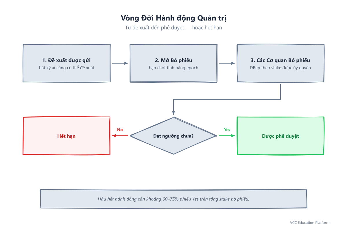 Flowchart - Lifecycle of a governance action: proposal submitted on-chain → voting period opens → DReps vote (weighted by delegated stake) alongside CC/SPOs where required → thresholds met? diamond decision → ratified and enacted, or expired