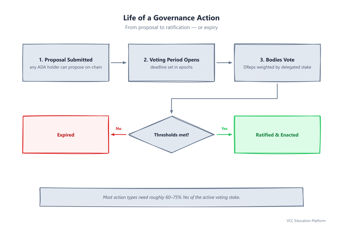 Flowchart - Lifecycle of a governance action: proposal submitted on-chain → voting period opens → DReps vote (weighted by delegated stake) alongside CC/SPOs where required → thresholds met? diamond decision → ratified and enacted, or expired