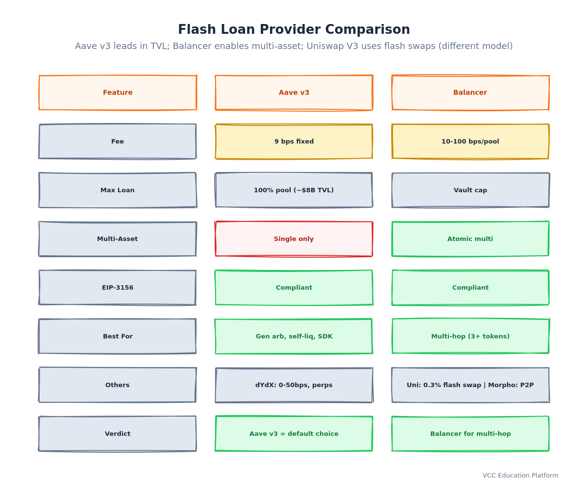 Comparison Table - Flash Loan Providers: Columns = Aave v3, dYdX Solo, Balancer Vault, Uniswap V3 Flash Swap, Morpho Blue; Rows = Fee Model, Max Loan, Multi-Asset, Cross-Chain, EIP-3156, Best For