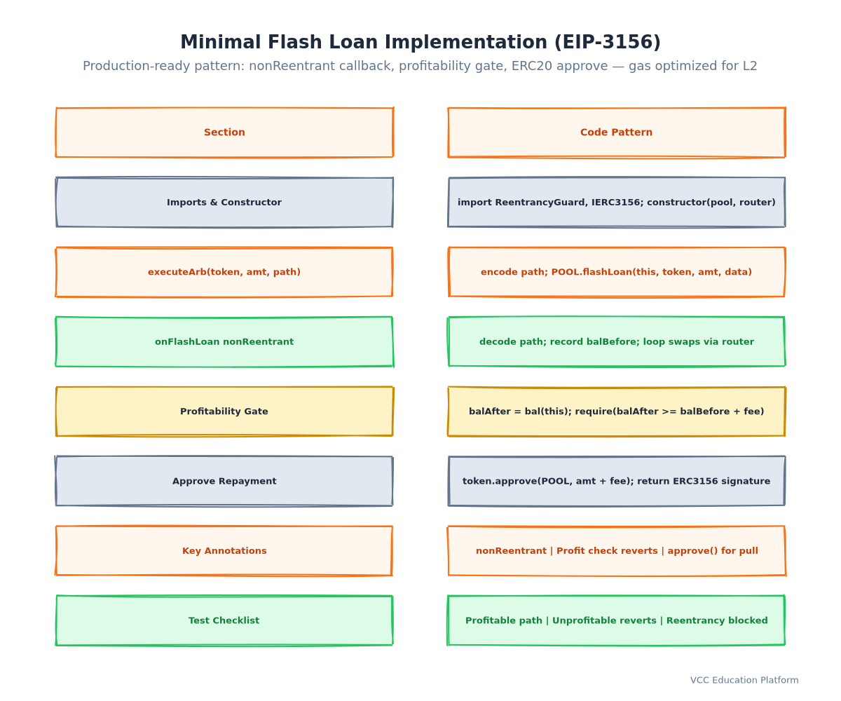 Code Block - Minimal Flash Loan Implementation: Showing the FlashLoanArb contract above with syntax highlighting, annotations on key lines (nonReentrant, profitability check, approval)