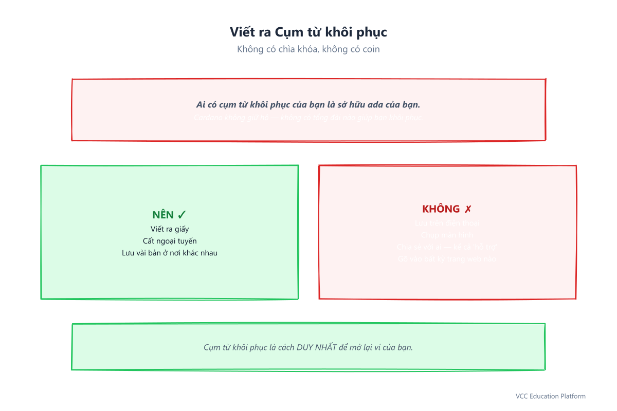 Quy tắc cụm từ khôi phục: NÊN viết ra giấy, cất ngoại tuyến, giữ vài bản; KHÔNG lưu trên điện thoại, chụp màn hình, chia sẻ, nhập vào website