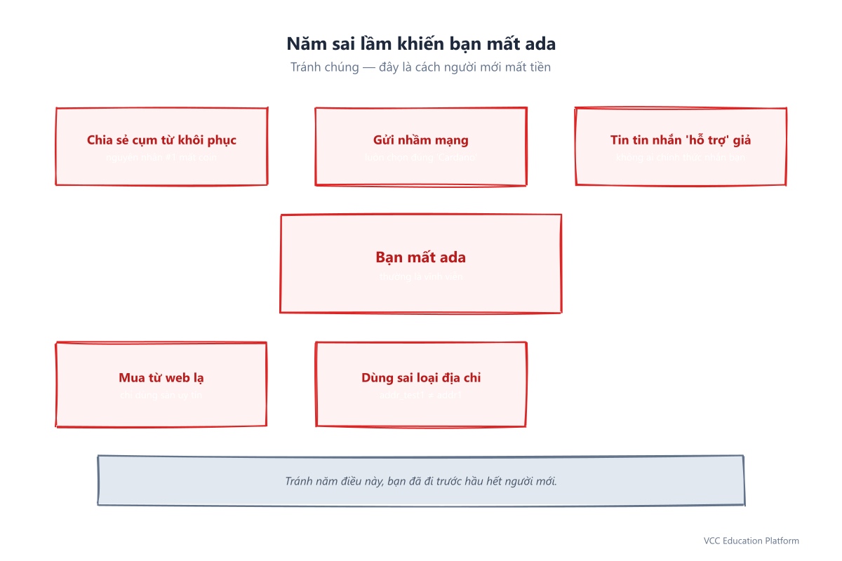 Năm sai lầm khiến bạn mất ada: chia sẻ cụm từ khôi phục, gửi nhầm mạng, tin tin nhắn hỗ trợ giả, mua từ web lạ, dùng sai loại địa chỉ