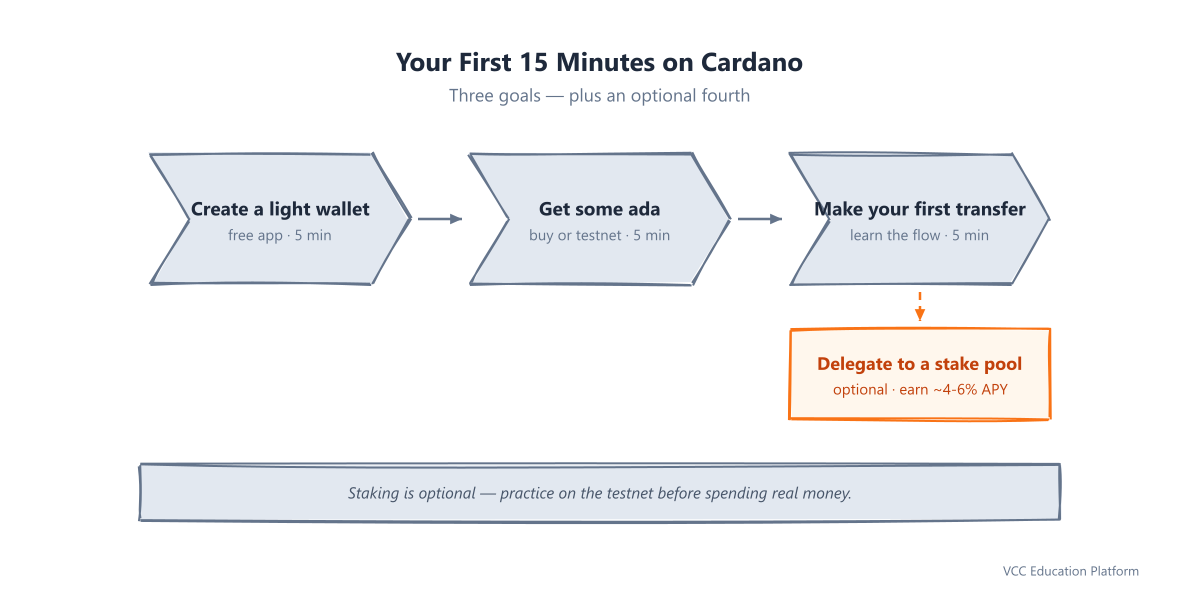 The 15-minute Cardano journey: create a light wallet, get some ada, make your first transfer, optional delegate to a stake pool