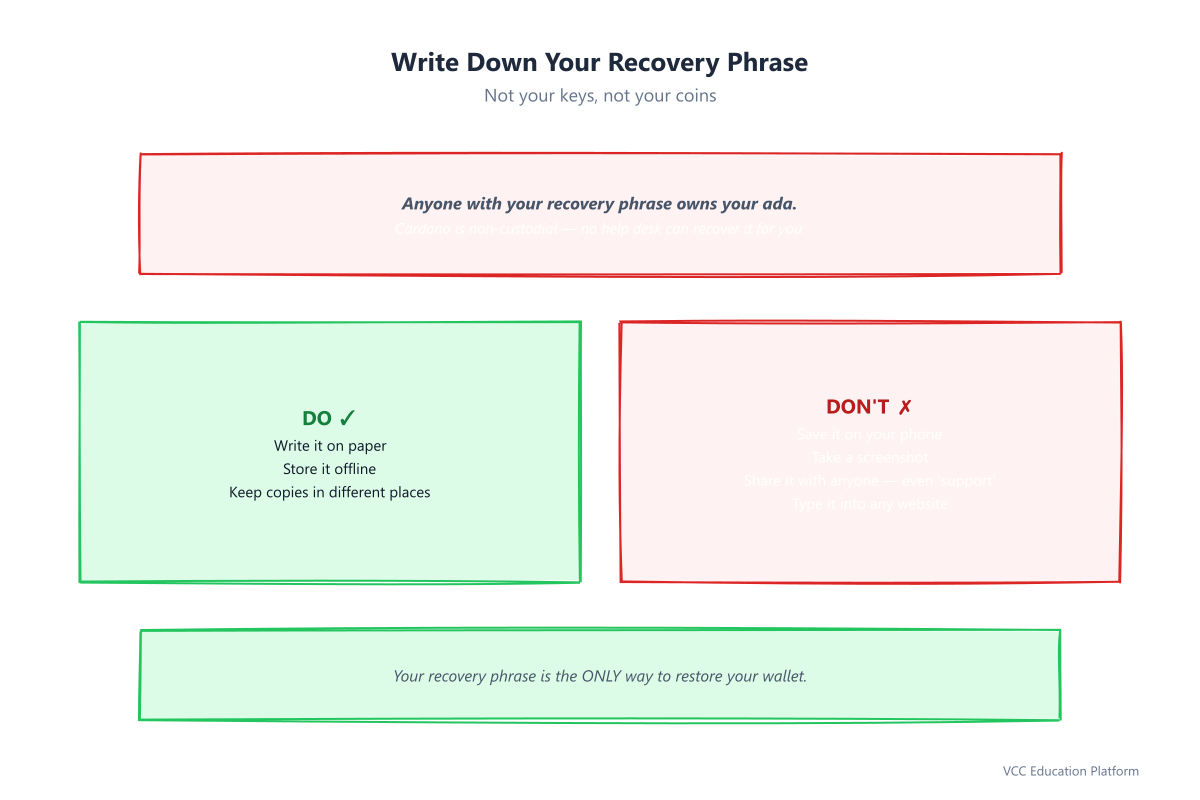 Recovery phrase safety: DO write on paper and store offline; DON'T save on phone, screenshot, or share with anyone
