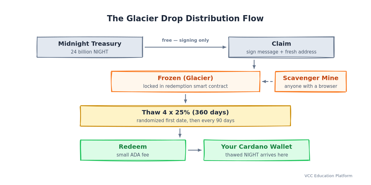 Glacier Drop distribution flow: Midnight treasury → claim → frozen → thaw 4x25% → redeem to Cardano wallet, with Scavenger Mine side path
