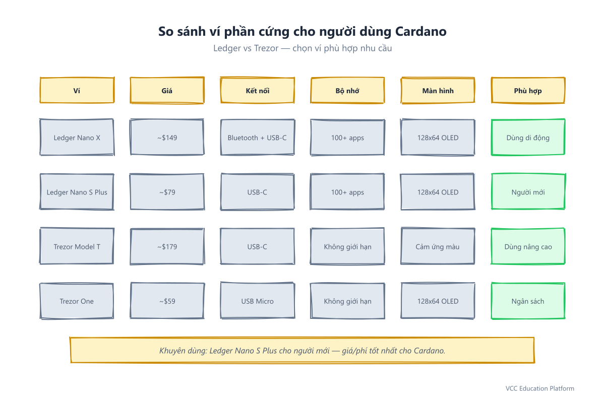 Bảng so sánh tính năng và giá ví phần cứng: Ledger Nano X, Nano S Plus, Trezor Model T, Trezor One