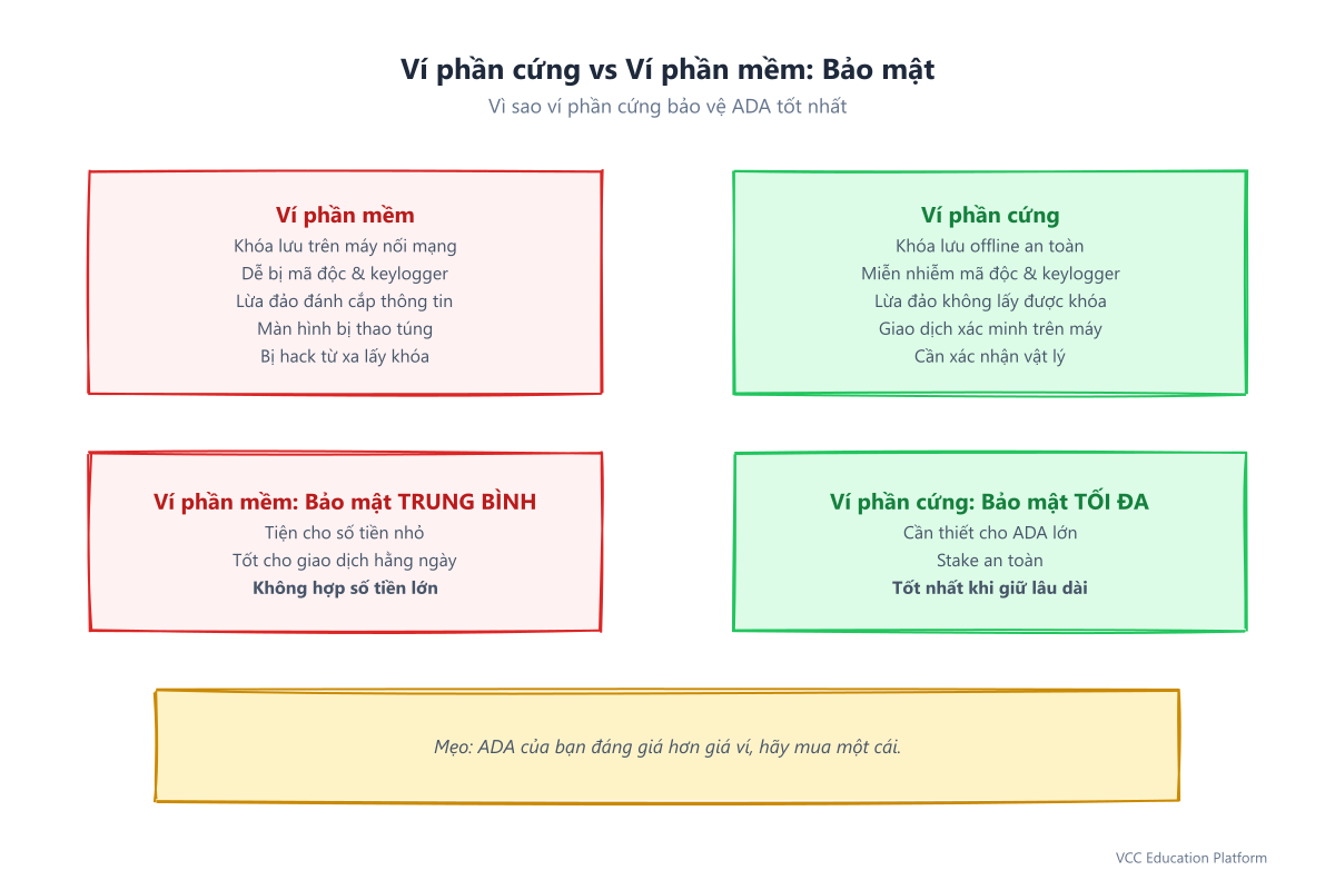 So sánh bảo mật ví phần cứng vs ví phần mềm: ví phần cứng giữ private key ngoại tuyến, ví phần mềm trên thiết bị bị nhiễm
