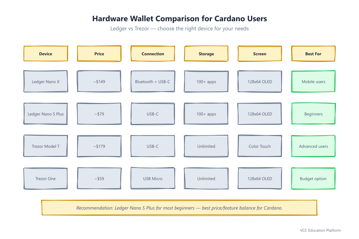 Comparison of Ledger Nano X, Ledger Nano S Plus, Trezor Model T, and Trezor One for Cardano users