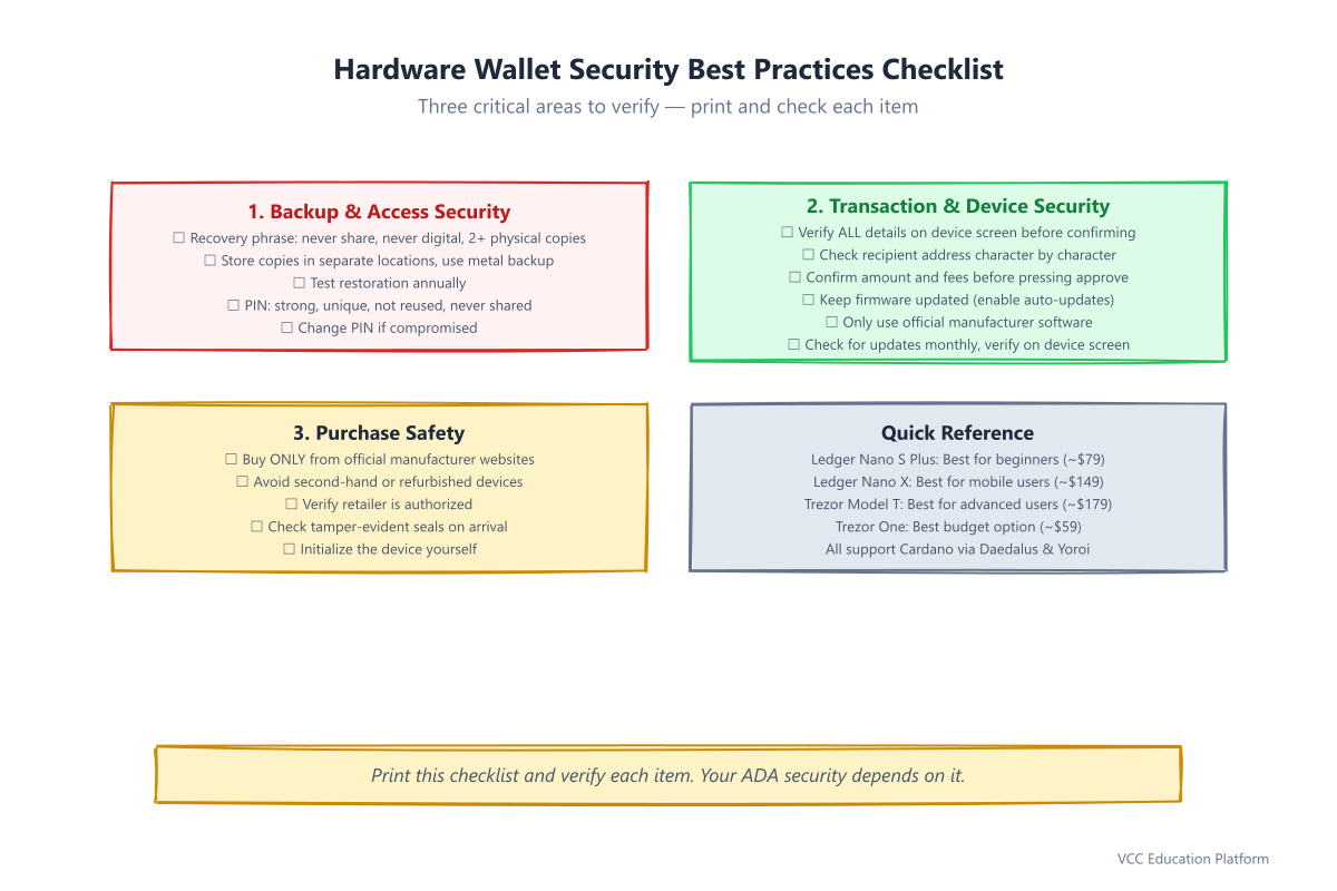 Hardware wallet security checklist covering recovery phrase security, PIN management, transaction security, device maintenance, and purchase safety