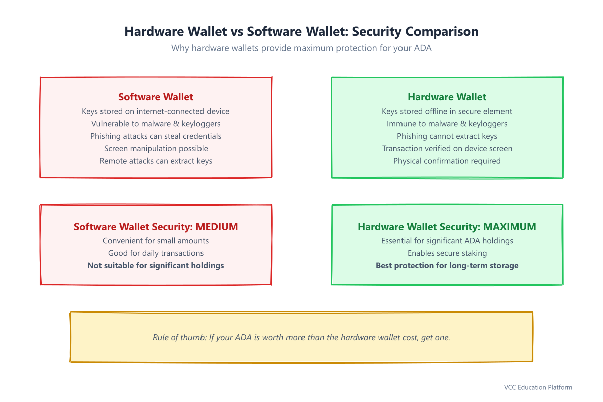 Hardware wallet vs software wallet security comparison showing risks of software wallets vs protections of hardware wallets