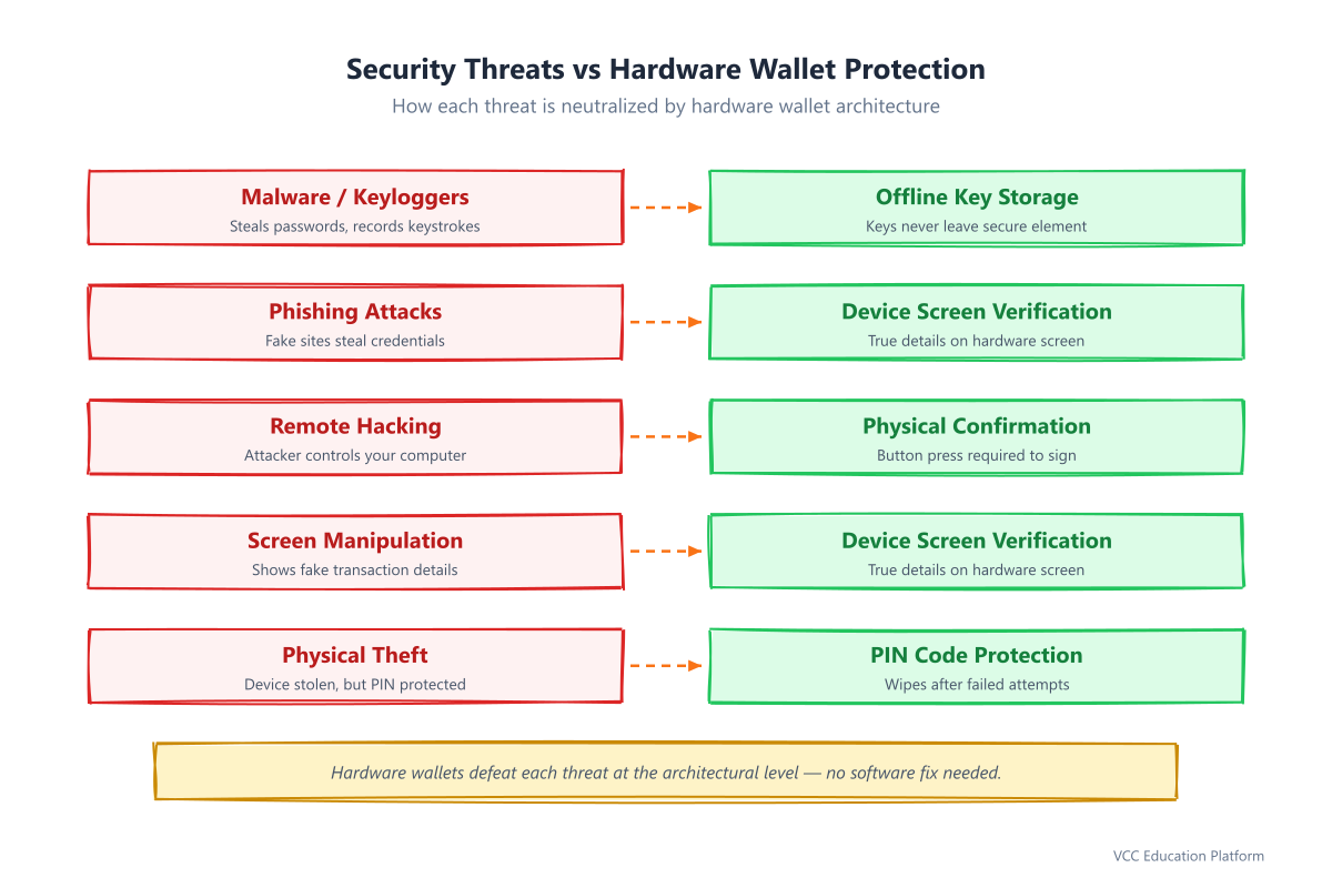 Security threats (malware, phishing, remote hacking, screen manipulation, social engineering, physical theft) and how hardware wallets protect against each