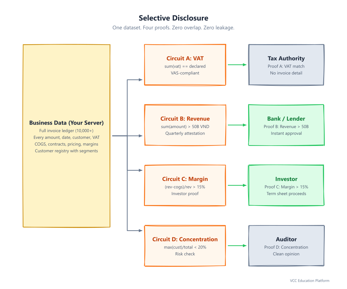 Selective disclosure: Business data → ZK Circuit Factory → tailored proofs for Tax, Bank, Investor, Auditor