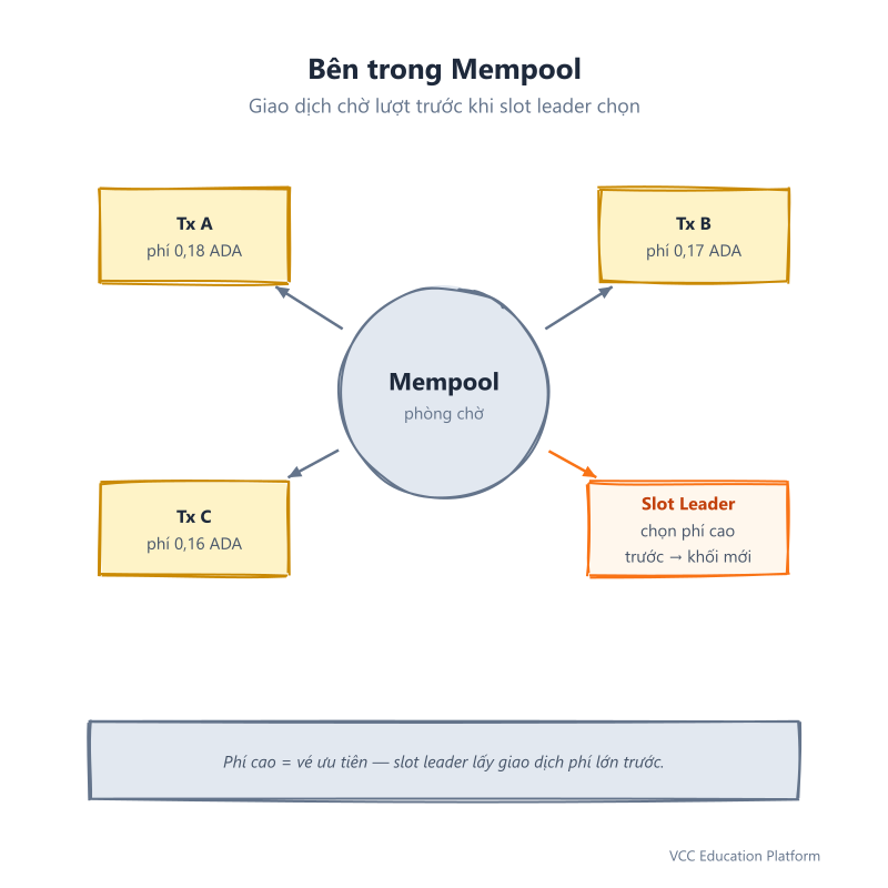 Bên trong mempool: các giao dịch với phí 0,18, 0,17 và 0,16 ADA chờ trong phòng chờ cho đến khi slot leader chọn giao dịch phí cao nhất trước
