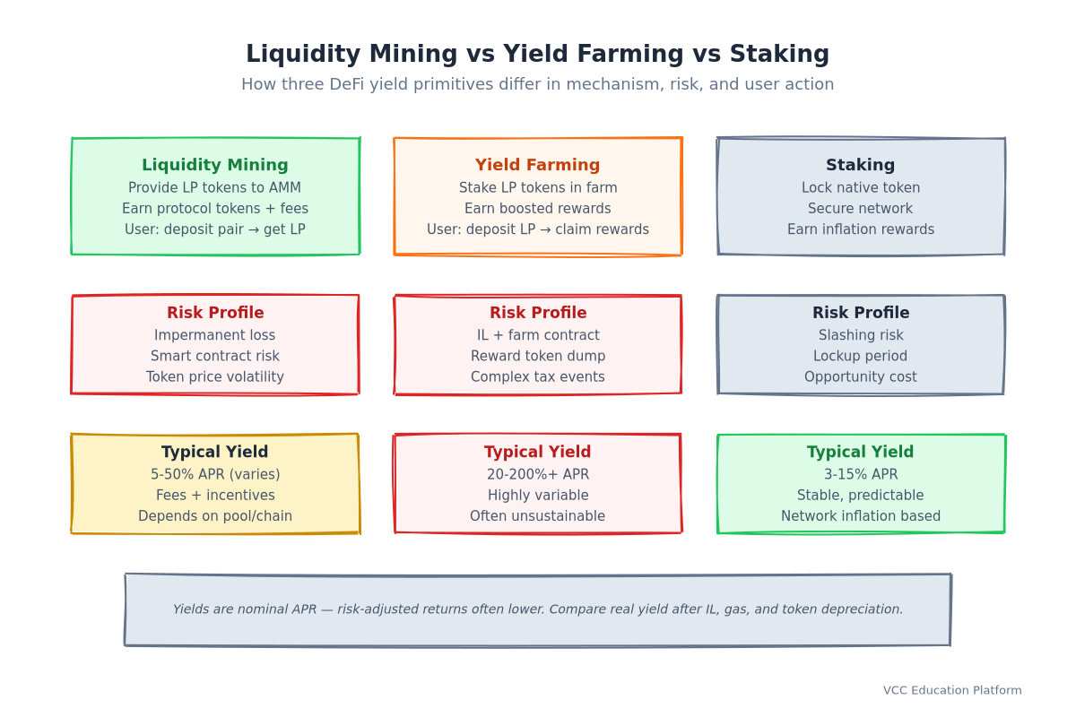 Comparison - Liquidity Mining vs Yield Farming vs Staking