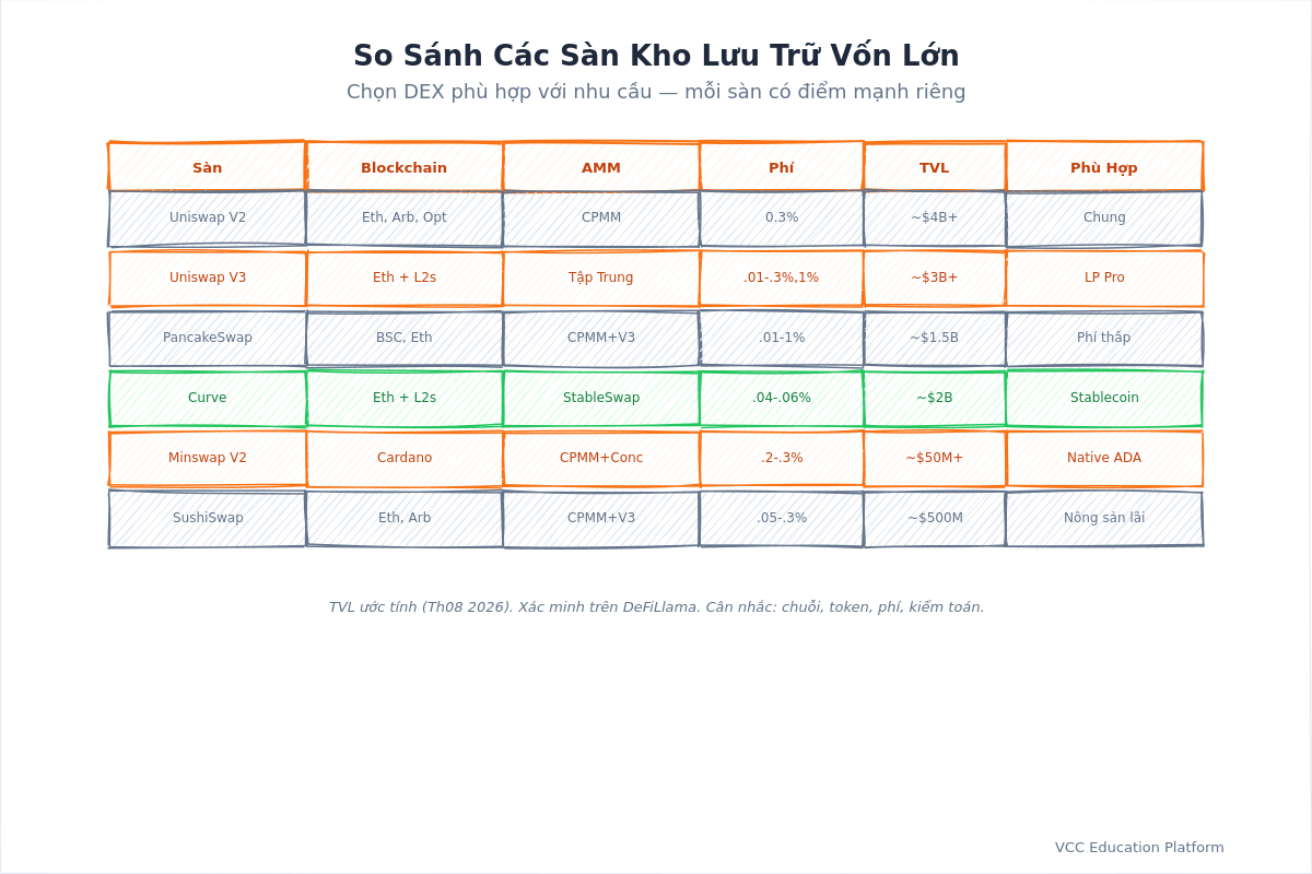 Comparison table - Major liquidity pool platforms