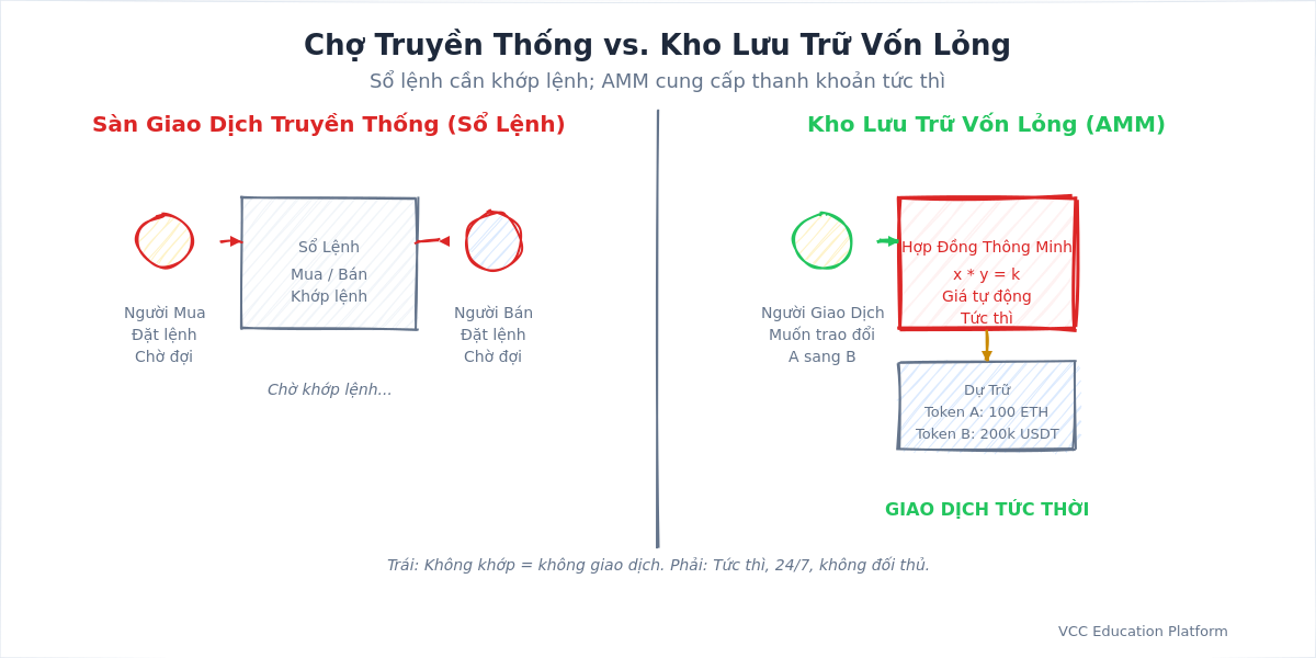 Diagram - Traditional market vs. Liquidity Pool comparison