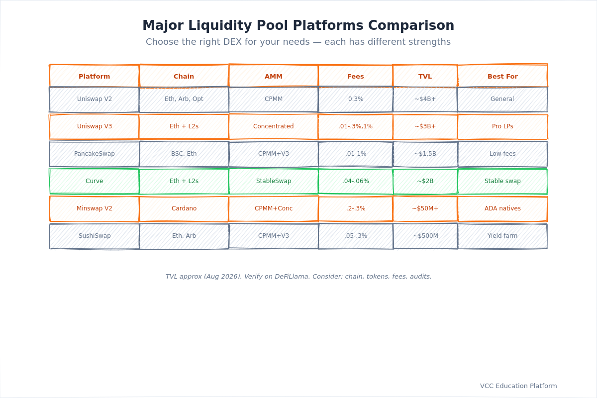 Comparison table - Major liquidity pool platforms