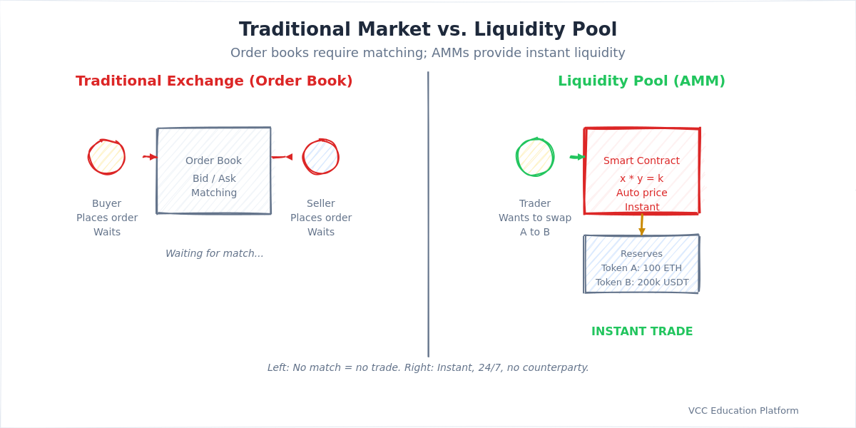 Diagram - Traditional market vs. Liquidity Pool comparison