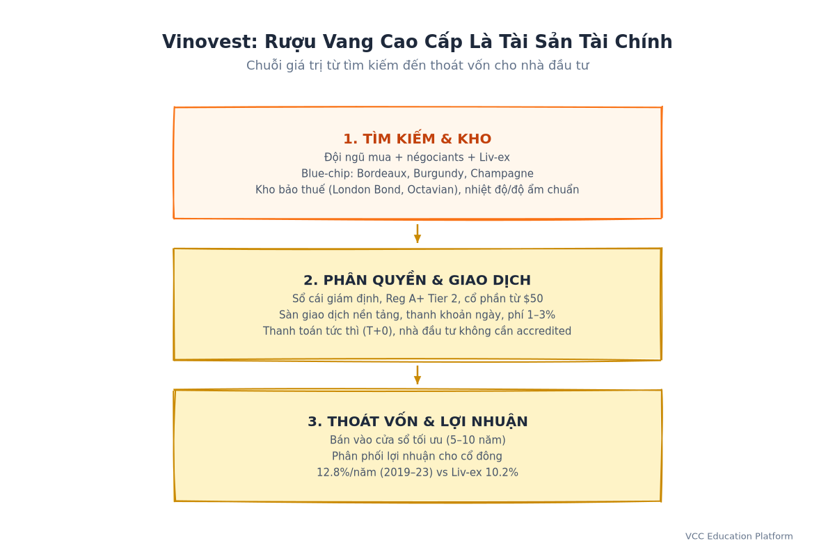 Sơ đồ - Chuỗi giá trị Vinovest: Tìm kiếm → Kho → Phân quyền → Giao dịch thứ cấp → Thoát vốn