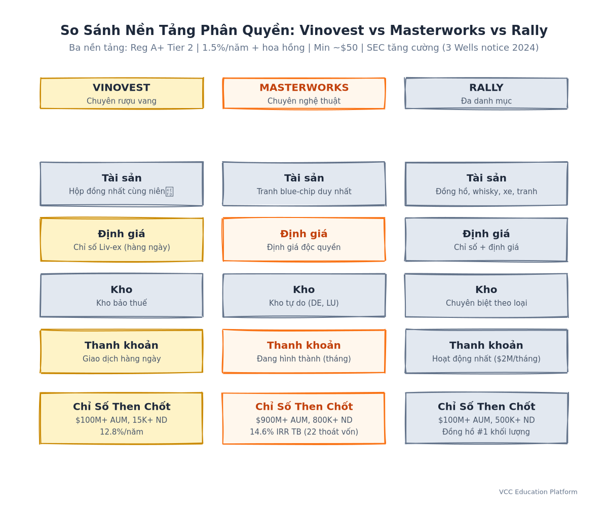Bảng so sánh - Vinovest vs Masterworks vs Rally