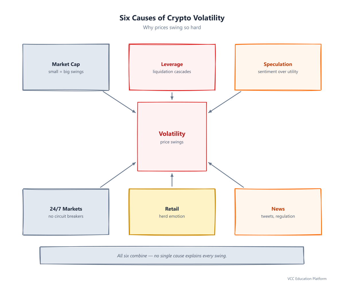 Six causes of crypto volatility wheel: Market cap, Leverage, Speculation, 24/7 markets, Retail, News