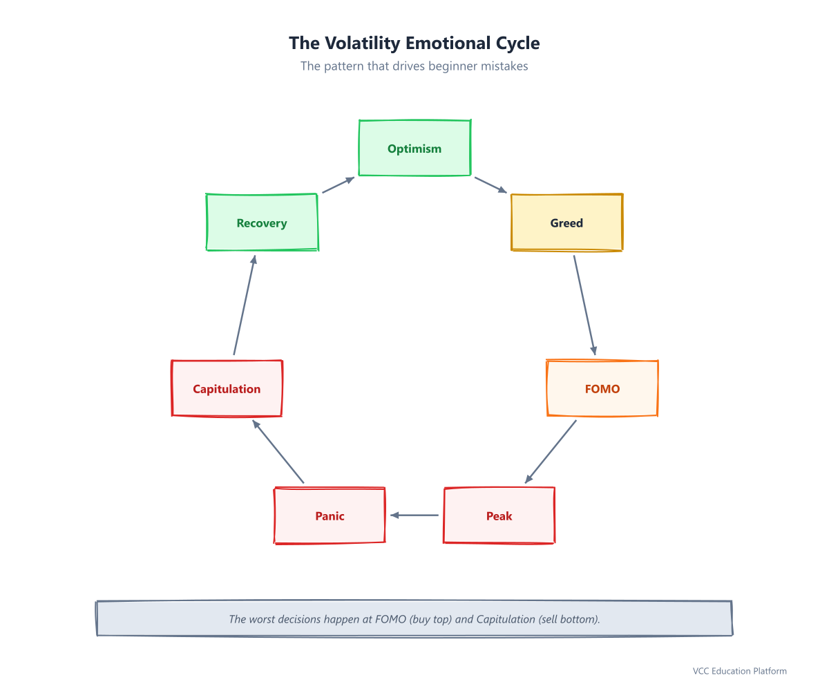 Volatility emotional cycle: Optimism, Greed, FOMO, Peak, Panic, Capitulation, Recovery