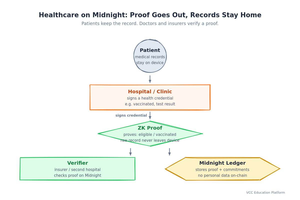 Midnight healthcare selective disclosure: patient keeps records on device, hospital signs a credential, device generates a ZK proof, insurer or second hospital verifies on-chain