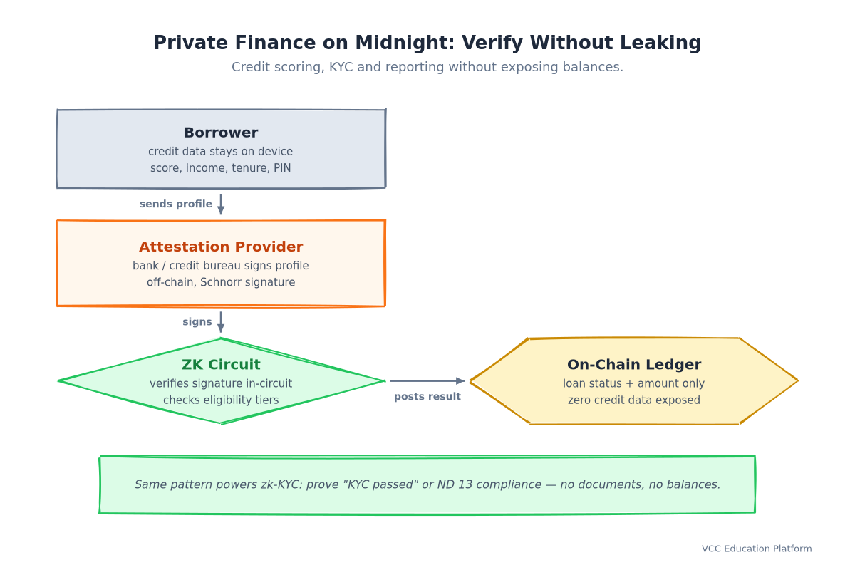 Private finance on Midnight: borrower keeps credit data, attestation provider signs profile off-chain, ZK circuit verifies, ledger records only loan status and amount