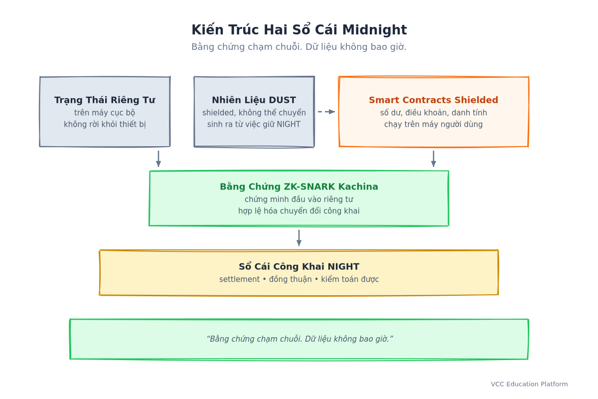 Kiến trúc hai sổ cái Midnight: trạng thái riêng tư người dùng → bằng chứng ZK-SNARK Kachina → sổ cái NIGHT công khai