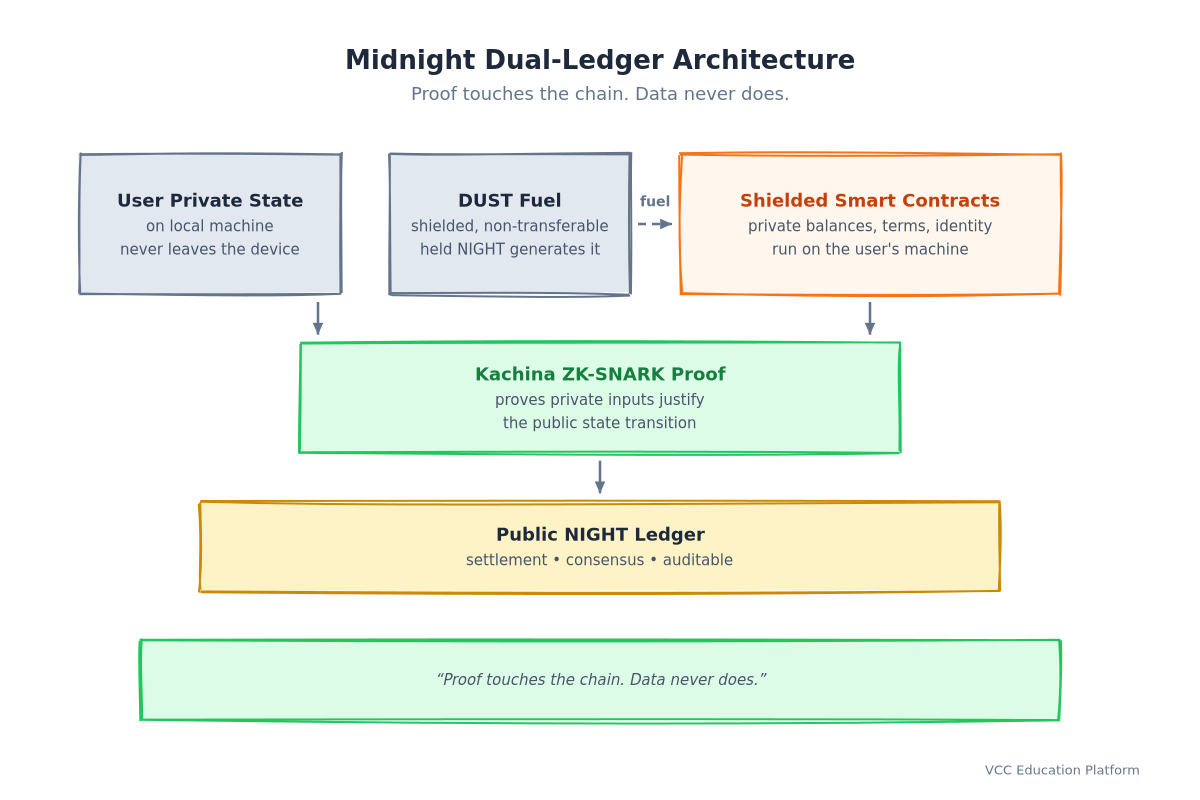 Midnight dual-ledger flow: user private state and shielded contracts → Kachina ZK-SNARK proof → public NIGHT ledger, DUST fuel feeds shielded contracts