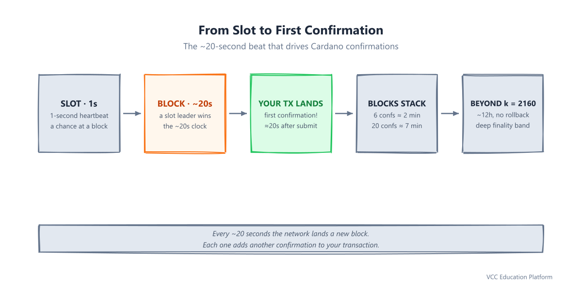 From slot to first confirmation: the 20-second cardano block time rhythm that decides when your transaction appears