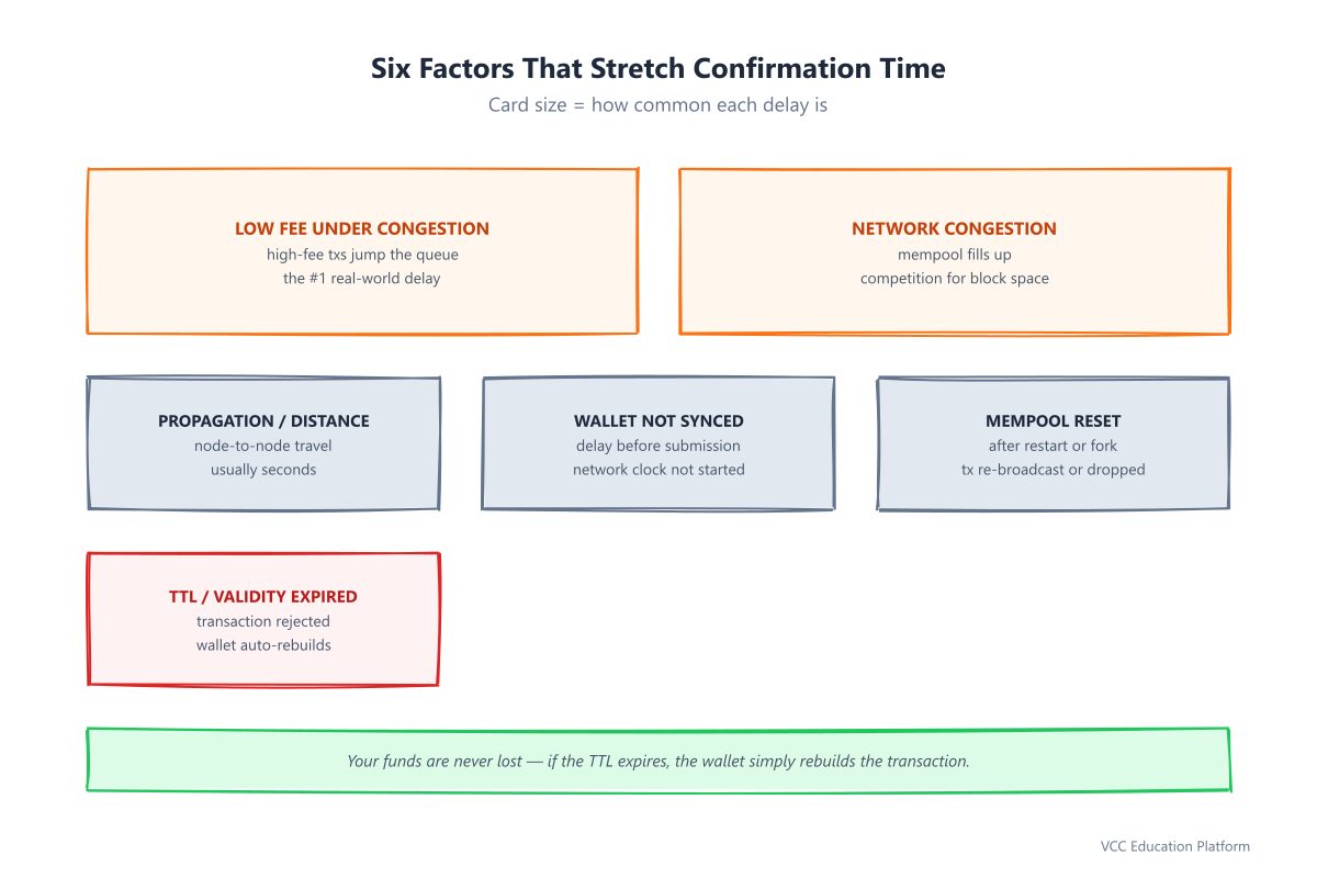Six factors that stretch the cardano confirmation time: low fees, network congestion, mempool resets, propagation distance, validity interval, and wallet-side delay